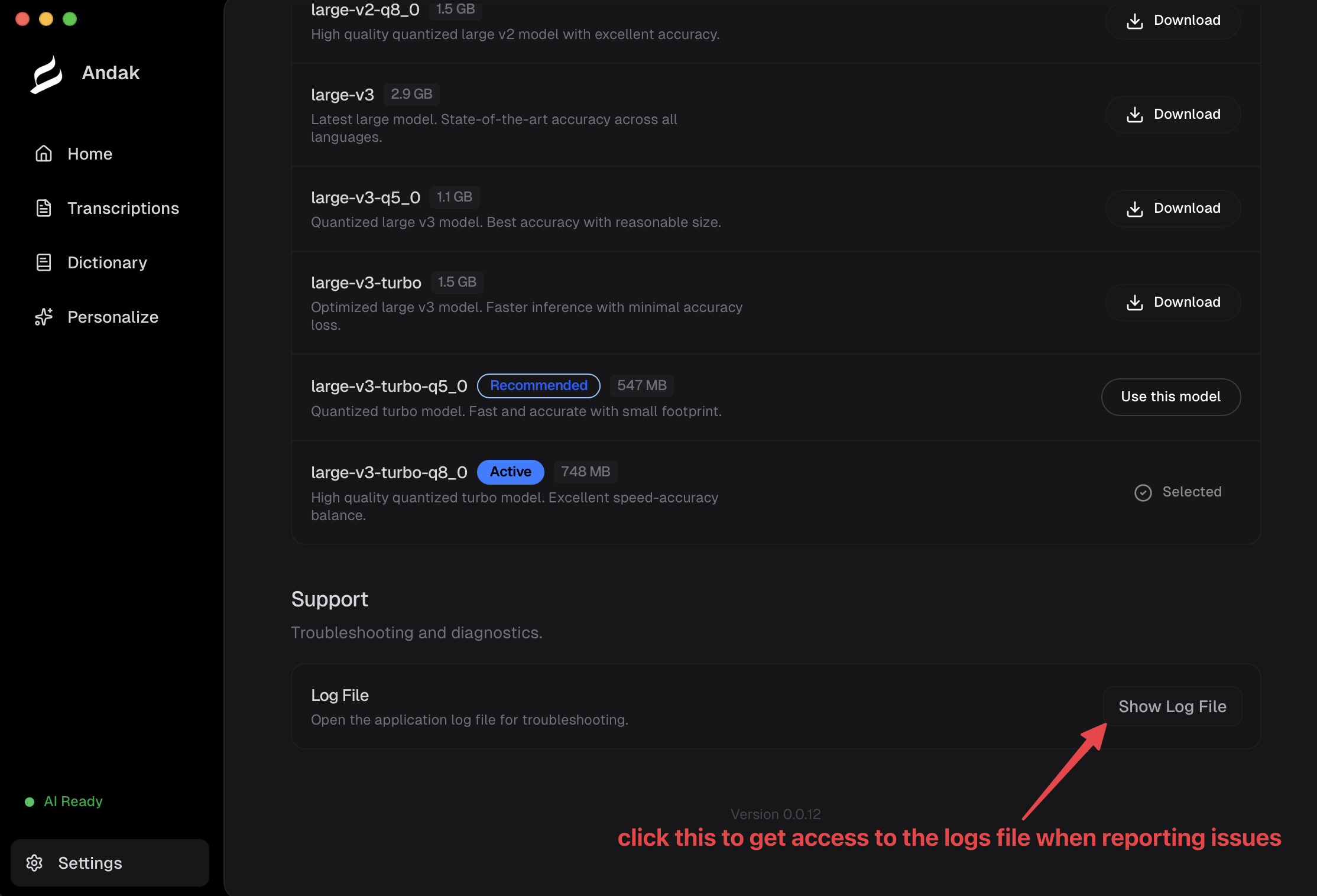 Andak Settings showing the new Log File support section